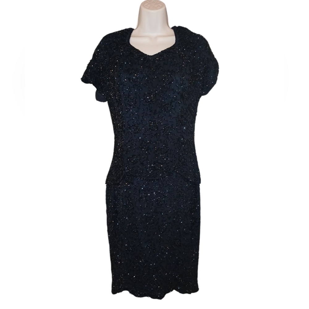 Niteline Silk Beaded Dress Short Black Evening Gown Size 10